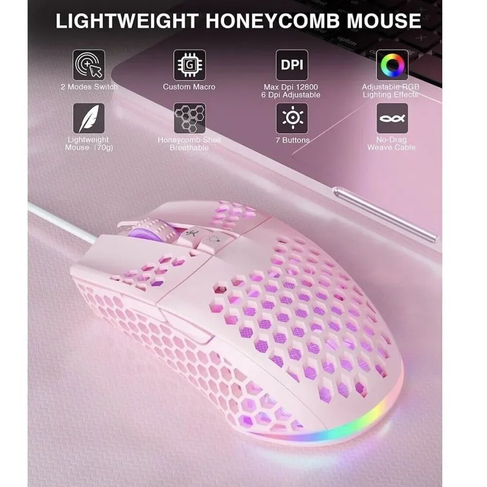 Solakaka SM900 Pink Wired Gaming Mouse With Honeycomb Shell